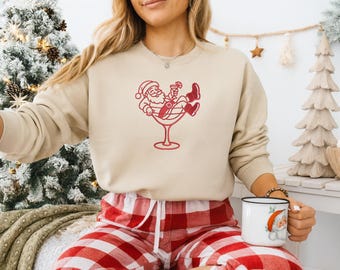 Santa in Martini Glass Embroidered Sweater, Funny Santa Christmas Sweatshirt, Christmas Crewneck Cocktail Sweatshirt, Winter Holiday Sweater