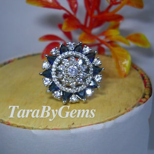 Vintage Floral Statement Ring | Sapphire Blue & CZ Cocktail Ring | Bold Cluster Engagement Ring | Adjustable Silver Plated Jewellery