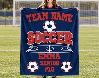 Personalized Soccer Senior Night Blanket,Custom Team and Player Name,Navy Red Flannel Throw with Jersey Number,2027 Graduation Gift for Her