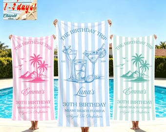 Personalized Birthday Beach Towel,Custom Girls Trip 2026 Towel,Striped Beach Towel,Bachelorette Party Gift,Tropical Vacation Towel
