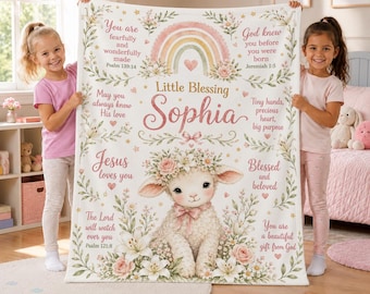 Personalized Christian Girl Blanket,Custom Name Lamb Flannel Throw,Baptism Gift for Goddaughter,Christening Keepsake,Faith Gift for Kids