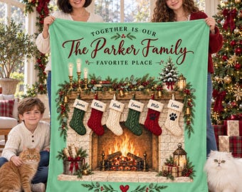 Personalized Family Christmas Blanket,Custom Names,Pet Stockings,Fireplace Holiday Throw,Christmas Gift for Parents and Pet Loving Families