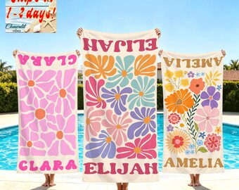 Retro Floral Personalized Beach Towel, Custom Name Gift