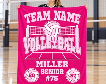 Personalized Volleyball Senior Night Blanket,Custom Team Name and Player Name,Hot Pink Flannel Throw with Number,Class of 2027 Senior Gift
