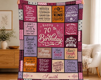 Personalized 70th Birthday Blanket,Custom Name Flannel Throw for Women,Inspirational Milestone Gift for Mom Grandma,70 Years Loved Keepsake