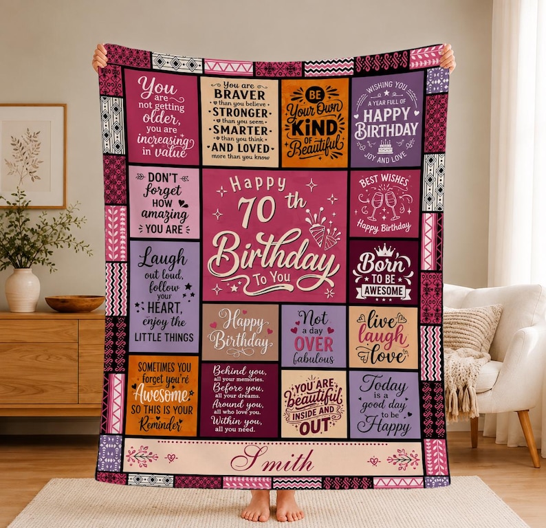 May include: A rectangular throw blanket featuring a patchwork design with various shades of pink, purple, orange, and cream. The blanket displays inspirational birthday quotes and the text Happy 70th Birthday To You and the name Smith.