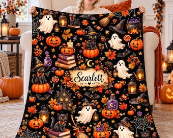 Personalized Halloween Flannel Blanket,Custom Name Ghost Black Cat Throw,Vintage Pumpkin Witch Haunted House Design,Spooky Fall Gift for All