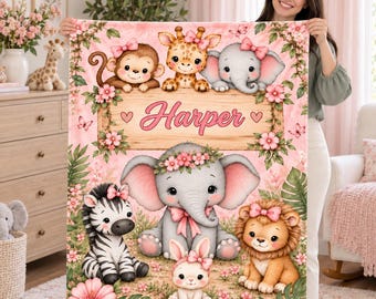 Personalized Baby Girl Blanket,Custom Name Safari Animal Throw,Floral Elephant Nursery Decor,Newborn Keepsake Gift for Baby Shower,Birthday