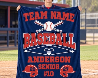 Baseball Senior Night Flannel Blanket,Personalized Team and Player Name,Custom Jersey Number Throw with Crossed Bats,2027 Senior Keepsake