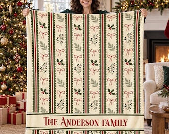 Personalized Christmas Flannel Blanket,Custom Family Name Throw,Vintage Holly and Red Bow Holiday Decor,Cozy Housewarming Gift for Families
