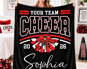 Personalized Cheer Team Blanket,Custom Team and Cheerleader Name Flannel Throw,Cheer Bow Pom Poms,Cheer Squad Gift for Coaches and Girls