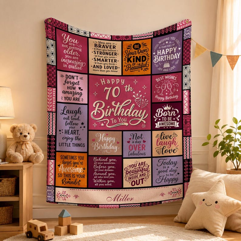 May include: A rectangular throw blanket featuring a patchwork design with various inspirational quotes and birthday messages in shades of pink, purple, orange, and white. The center text reads Happy 70th Birthday To You, with the name Miller at the bottom.