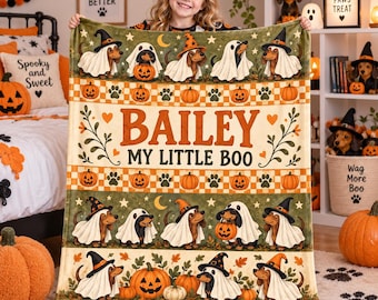Personalized Dachshund Halloween Blanket,Custom Name Dog Blanket,My Little Boo Gift for Dachshund Mom,Dog Lover,Pet Owner,Spooky Home Decor