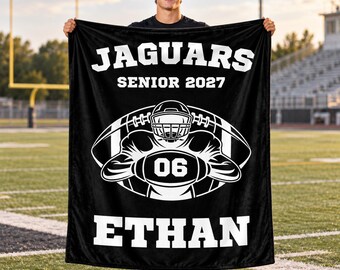 Custom Football Senior Night Blanket,Personalized Team and Player Name Throw with Jersey Number,Class of 2027 High School Senior Gift