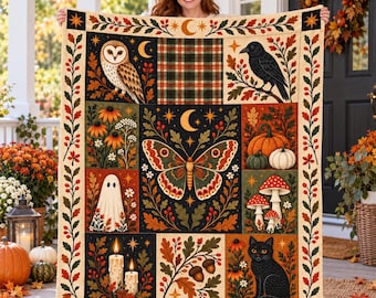 Woodland Halloween Flannel Blanket,Fall Folk Art Throw,Black Cat Owl Ghost Pumpkin Design,Cottagecore Fall Gift for Women and Nature Lovers