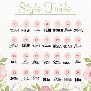 May include: A Style Table chart featuring twenty-eight numbered options displaying the names Noah and Mia in various black typography styles. The background is white with pink circular accents and decorative green floral illustrations at the bottom.