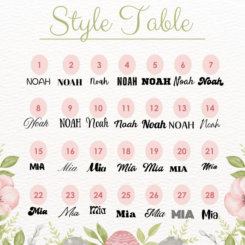 May include: A Style Table chart featuring twenty-eight numbered options displaying the names Noah and Mia in various black typography styles. The background is white with pink circular accents and decorative green floral illustrations at the bottom.