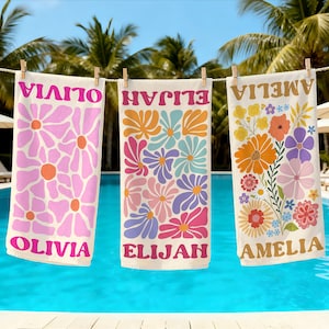 Retro Floral Personalized Beach Towel, Custom Name Gift