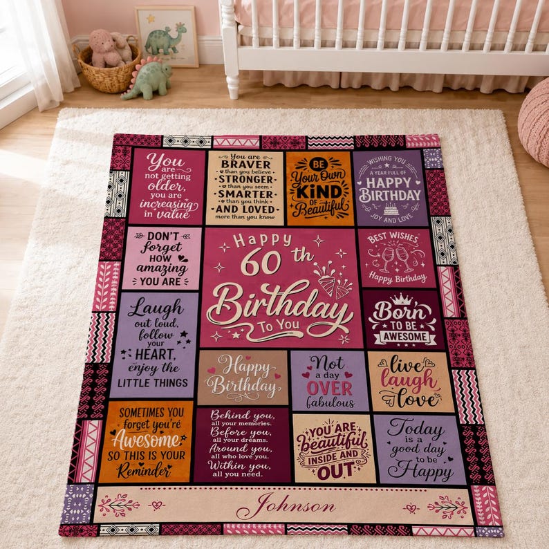 May include: A rectangular throw blanket featuring a patchwork design with various inspirational quotes and birthday messages in shades of pink, purple, and orange. The center text reads Happy 60th Birthday To You, with the name Johnson at the bottom.