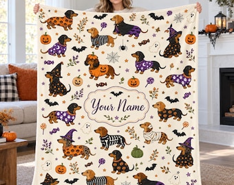Personalized Halloween Dachshund Flannel Blanket,Custom Name Wiener Dog Throw,Spooky Pumpkin Ghost Dog Lover Gift,Autumn Decor for Dog Moms