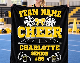 Personalized Cheer Senior Night Blanket,Custom Team and Player Name with Number,Black Gold Pom Pom Bow Flannel Throw,Class of 2027 Gift