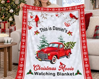 Personalized Christmas Movie Blanket,Custom Name Vintage Truck Flannel Throw,Holiday Movie Night Gift for Mom Grandma,Cardinal Winter Decor