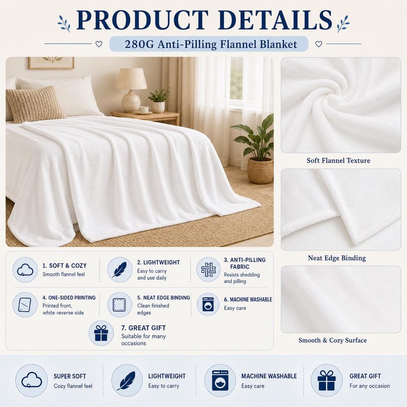 May include: A white 280G anti-pilling flannel blanket featuring a soft texture and neat edge binding. The product details highlight that the fabric is lightweight, machine washable, and has a smooth surface. The blanket is shown draped over a bed.