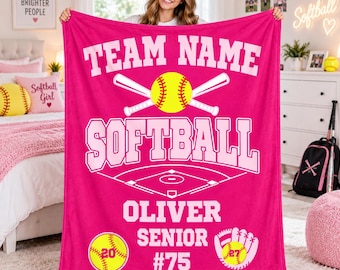 Personalized Softball Senior Night Blanket,Custom Team and Player Name with Number,Softball Diamond Flannel Throw,Graduation Gift for Girls