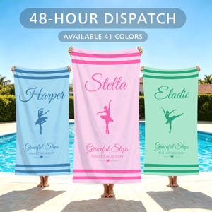 May include: Three rectangular beach towels in light blue, light pink, and mint green. Each towel features two horizontal stripes at the top and bottom, a ballerina silhouette, and the text "Graceful Steps BALLET ACADEMY" with a name above.