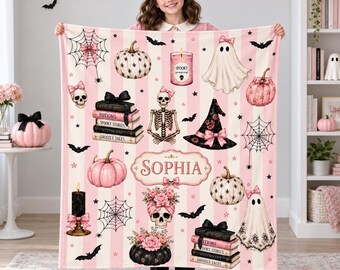 Personalized Pink Halloween Blanket,Custom Name Ghost Throw,Cute Spooky Blanket,Teen Girl Halloween Gift,College Dorm Decor,Witchy Girl Gift