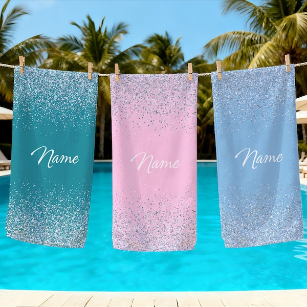 Personalized Sparkle Aad Glitter Beach Towel,Custom Name Towel,Girls Birthday Gift,Vacation Pool Towel for Kids,Gift for Beach Lover