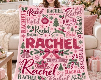 Christmas Blanket with Name,Personalized Holiday Flannel Throw,Custom Gift for Granddaughter,Christmas Eve Surprise,Cozy Winter Room Decor