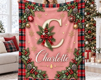 Personalized Christmas Flannel Blanket,Custom Name Monogram Throw,Holiday Plaid Decor,Family Keepsake Gift,Christmas Gift for Women & Girls
