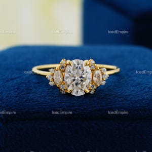Cluster engagement ring, vintage solid 14K yellow gold Unique Moissanite engagement ring for women, Oval Cut wedding Bridal Anniversary ring