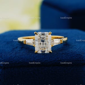 2.43 CT Radiant Cut Moissanite Ring with Side Tapered Baguettes, Solid Gold VVS Three-Stone Engagement & Wedding Gift for Her