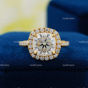 Cushion Cut Moissanite Ring, 4.00 Carat Moissanite Diamond Ring, Yellow Gold Engagement Ring, Hidden Halo Pave Ring, Anniversary Gifts