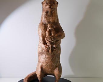 Hand Carved Wooden Otter Figurine | Mother and Baby Animal Sculpture | Wooden Wildlife Statue | Handmade Gift for Animal Lovers