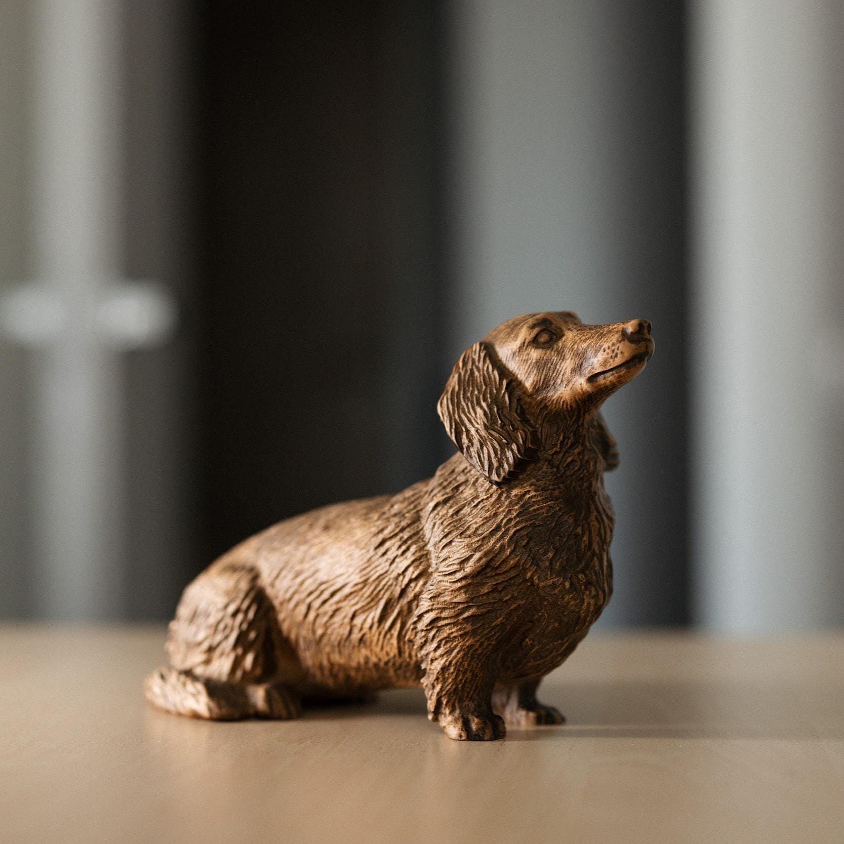 Hand Carved Wooden Long Haired Dachshund Figurine Natural Wood Pet Decor Handmade Dog Sculpture