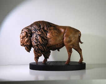 黒の彫刻が施された木製のバイソンの置物 アフリカの動物 ヴィンテージ