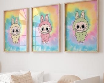 Labubu Rainbow Tie-Dye Wall Art – Set of 6 Digital Prints | Cute Monster Decor | Printable Wall Art