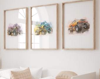 Monster Truck Printable Wall Art – Watercolor Monster Truck Nursery Decor Set of 3 – Digital Download for Kids Room