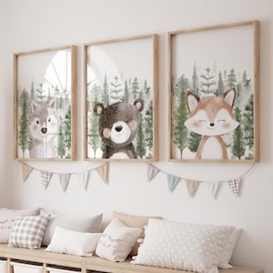 Woodland Nursery Prints Set of 6, Forest Animal Wall Art Printable, Bear Fox Moose Nursery Decor, Gender Neutral Baby Room, DIGITAL DOWNLOAD