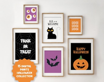May include: A collection of framed Halloween-themed digital prints. The prints feature various designs, including a spiderweb with "Trick or Treat" text, a black cat, bats, and a jack-o'-lantern. The collection includes the text "15 DIGITAL PRINTS HALLOWEEN COLLECTION".