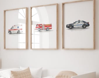 Rescue Vehicle Watercolor Print Set: Boys Room Decor (Digital Download)