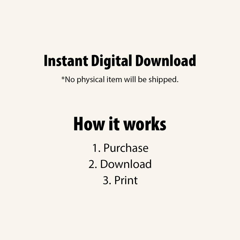 May include: Text on a cream background reads "Instant Digital Download" and "How it works". The steps are: Purchase, Download, and Print. The text "No physical item will be shipped" is also included.