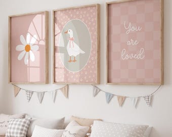 Boho Pink Nursery Art Set: Goose, Daisy, 'You Are Loved' (Digital Download