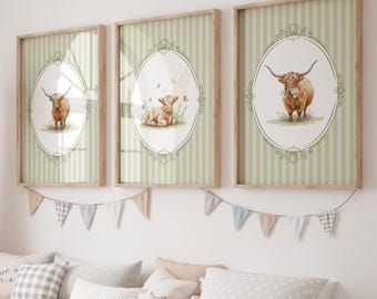 Highland Cow Printable Wall Art – Watercolor Highland Cow Nursery Decor Set of 3 – Digital Download for Kids Room