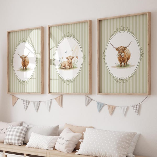 Highland Cow Printable Wall Art – Watercolor Highland Cow Nursery Decor Set of 3 – Digital Download for Kids Room