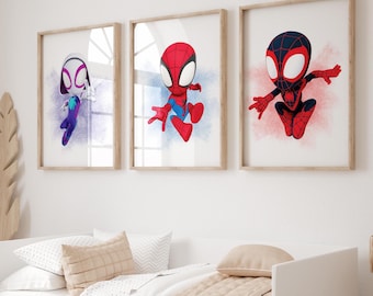Spidey and Friends Wall Art - 3er-Set Prints | Spidey, Geist-Spinne & Spinne | Digitaler Download für Kinderzimmer Dekor