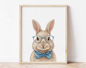 Blue Retro Easter Bunny Wall Art – Vintage Happy Easter Decor – Funny Bunny Sunglasses Print – Cute Easter Wall Art (Digital Download)
